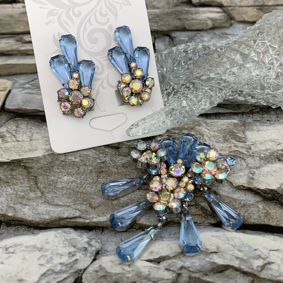 Verified Juliana D&E DeLizza Elster Floret Pentagon Rhinestones Brooch Earrings - Picture 6 of 16
